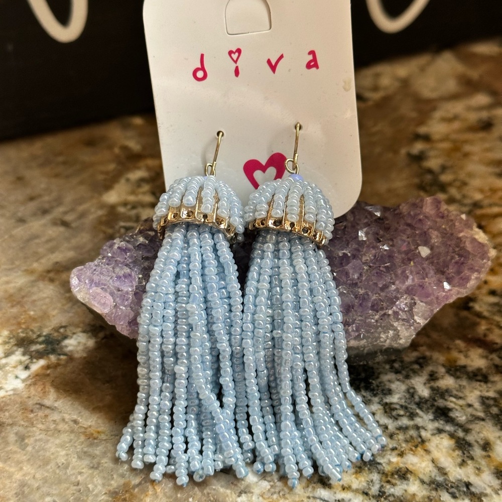 Gold Blue Bead Tassel Dangle Earrings - Picture 2 of 9